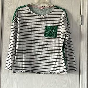 Joules Navy & White Striped Tee Shirt with Printed Green Back Size 14